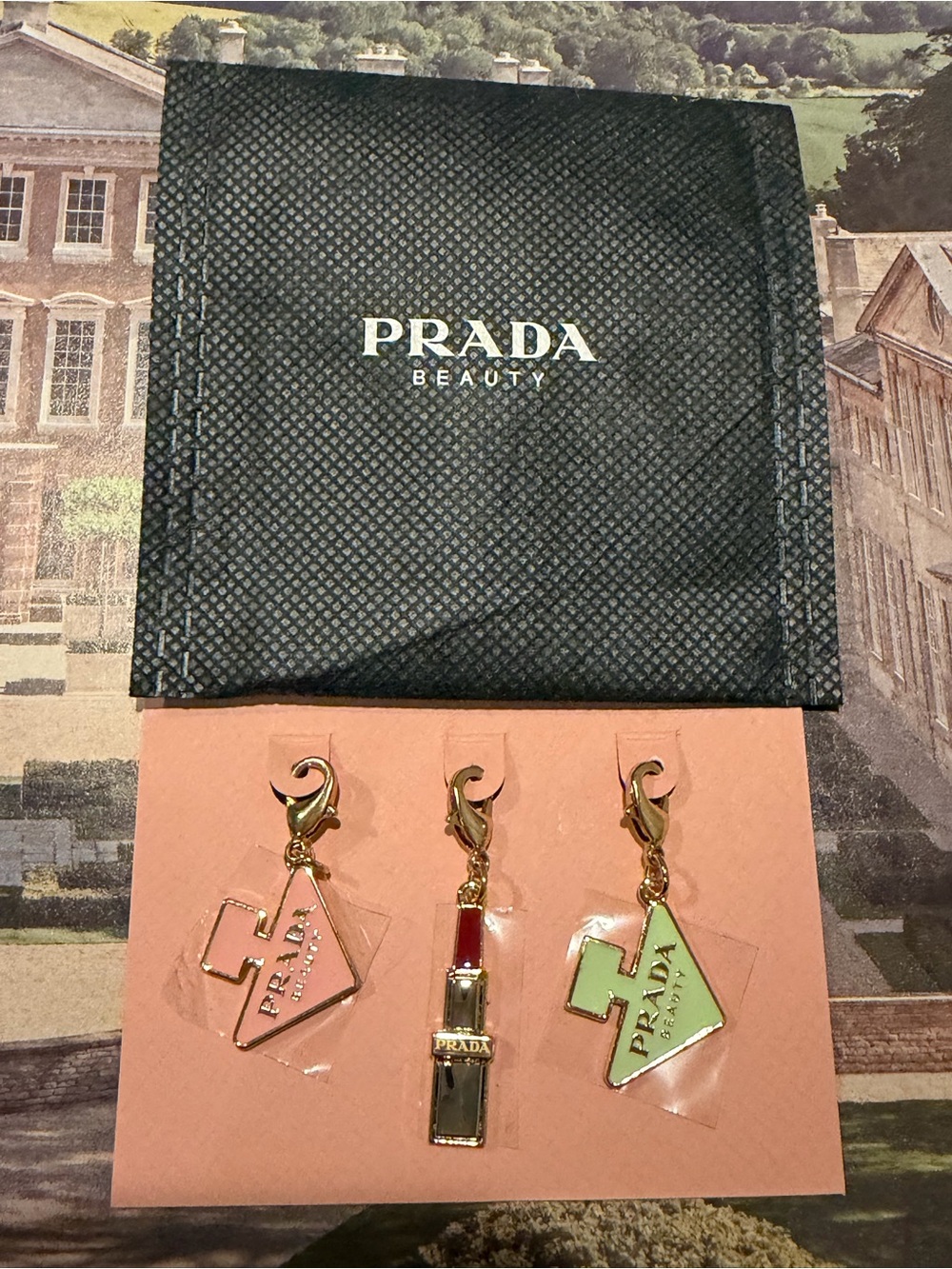 PRADA Beauty Lipstick 💄 & Logo Charm Set of Three, Gold, Pink, Green 🩷🏆💚